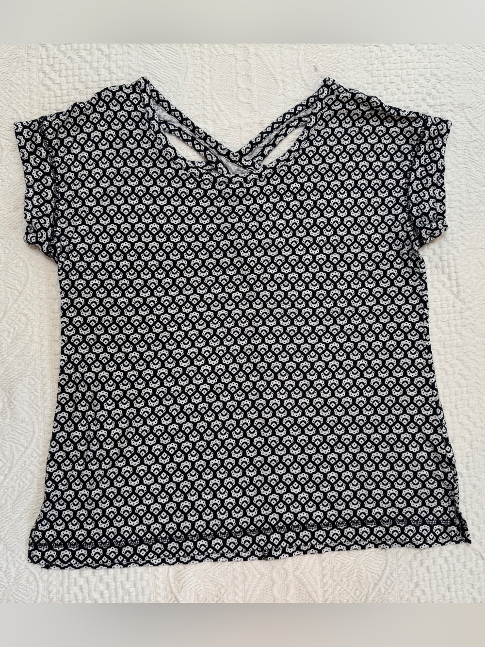Talbots Short Sleeve Crisscross Detailed Back Shirt Women’s Small Navy White